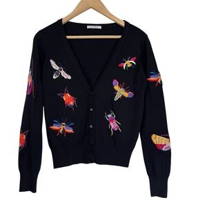 CELLABIE Black Insect Butterfly Beetle Embroidery Button Cardigan Sweater M